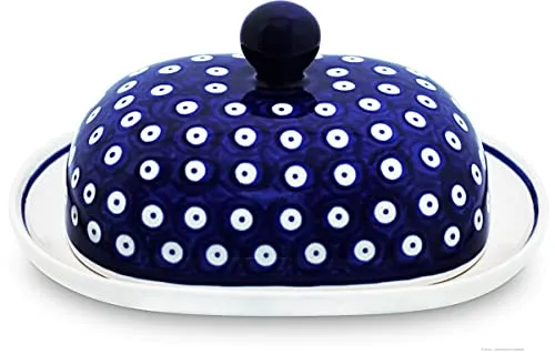 Bunzlauer Keramik Butterdose oval für 250g, Dekor 42 - Hochwertige Butterdose aus Keramik in blau, spülmaschinenfest und temperaturbeständig bis 280 °C – ideal für stilvolle Aufbewahrung.