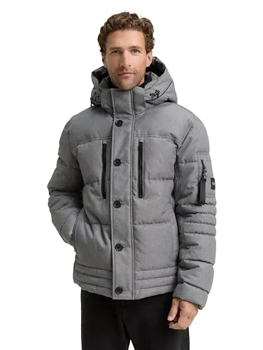 TOM TAILOR Herren Pufferjacke 1048485 mit Abnehmbarer Kapuze - Funktionsjacke in Mid Grey Melange, wasserabweisend und ideal für kalte Wintertage. Mit praktischen Taschen und Regular Fit für optimalen Komfort.