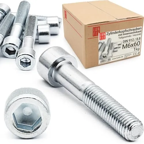 Lun Fix Zylinderkopfschrauben mit Innensechskant M 6 x 60 mm Teilgewinde Festigkeitsklasse 8.8 1kg (65 Stk.) Verzinkte Stahl Metrisches ISO-Gewinde DIN 912 Rechtsgewinde