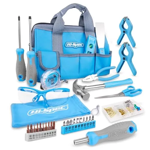 Hi-Spec Werkzeug Set – Werkzeugkoffer gefüllt in Werkzeugtasche mit Schutzbrille & Schraubendreher Set inkl. 100-tlg. Wandbild-Aufhängeset für schnelle Haushaltsreparaturen, 34-tlg.