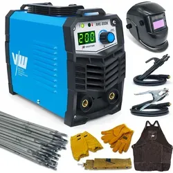 VECTOR WELDING ARC 200K Elektroden Schweißgerät 200A SET - Schweißgeräte: Kompaktes Elektroden Schweißgerät mit Hotstart und ArcForce für präzises Schweißen. Ideal für Außenanwendungen, inklusive Schweißerkleidung und Zubehör.