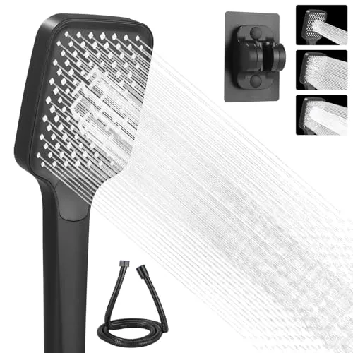 Duschkopf mit Schlauch, Duschkopf Wassersparend mit 3 Strahlarten, Brausekopf Dusche, 105mm Duschkopf Groß, Handbrause Dusche, Duschkopf mit Schlauch und Halterung（Schwarz）