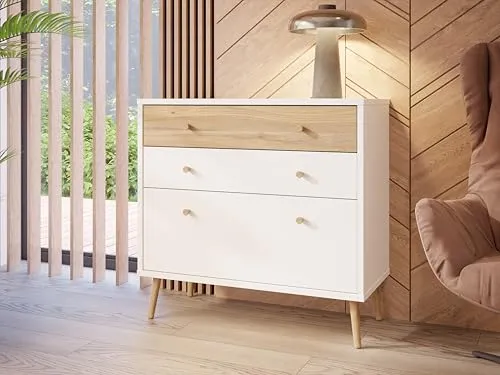 Forte Harllson Kommode Weiß mit Holzdekor - Mid Century Sideboard mit 3 Schubladen, einfache Montage dank EasyKlix-System, ideal für Schlafzimmer oder Wohnzimmer, kratzfeste ABS-Kantenumleimung.