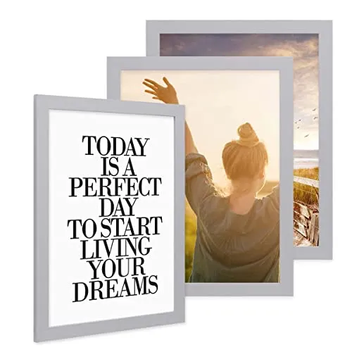 PHOTOLINI Bilderrahmen 30x40 Holz MDF Silber 3er Set, breite Rahmen 30x40 mit Acrylglas, picture frame 30 x 40 zum Aufhängen, Bilderrahmen 40x30 cm plus Zubehör - zur Fotorahmen Wanddekoration