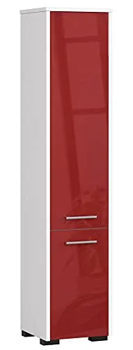3E 3xE living.com Freistehender Badezimmerschrank: Zwei Türen, fünf Einlegeböden, Farbe: weiß | Rot glänzend, A: B: 30 cm, H: 140 cm, T: 30 cm.