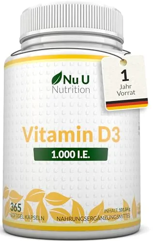 Vitamin D 1000 I.E. Hochdosiert - 365 Softgel Kapseln nicht Tabletten - Im Jahresvorrat - Vit D3 Cholecalciferol - Nu U Nutrition