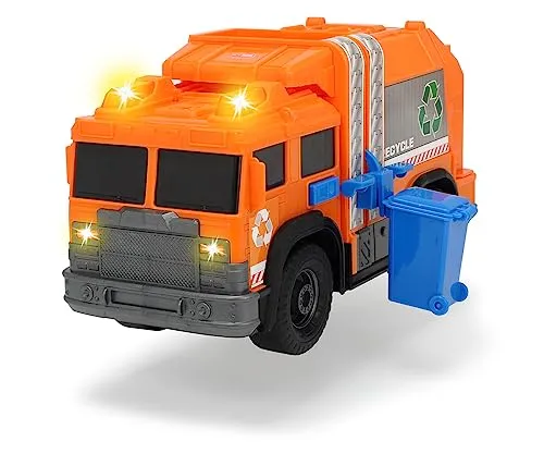 Dickie-Toys Recycle Truck Müllwagen mit Licht und Sound - Spielzeugauto mit realistischen Licht- und Soundeffekten, manuellem Mülltonnen-Hebemechanismus und Freilauffunktion – ideal für kleine Umweltschützer ab 3 Jahren.