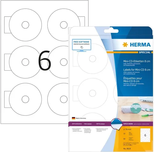 HERMA Etiketten CD-Etiketten Mini weiß Durchmesser 78mm Special A4 VE=60 Stück