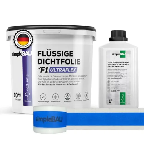 simpleBAU Flüssigfolie Dichtfolie F1 Ultraflex 10 kg Set - Wasserabdichtungen für Bad, Dusche & Balkon – Flexibel und elastisch, überbrückt kleine Risse und schützt zuverlässig vor Feuchtigkeit. Ideal für Innen- und Außenanwendungen.