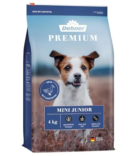 Dehner Premium Hundefutter Junior, Trockenfutter getreidefrei, für Welpen und junge Hunde kleiner Rassen, Ente / Lamm / Kartoffel, 4 kg