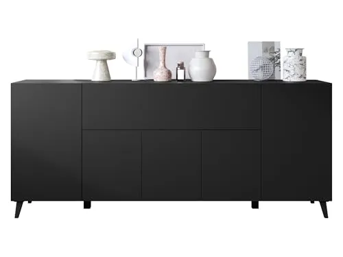 MIRJAN24 Kommode Phuket 180 in Schwarz-Graphit - Moderne Kommode mit fünf Drehtüren, ideal für stilvolle Aufbewahrung. Maße: 180x76x39 cm, mit grifflosen Türen und gedämpften Scharnieren für sanftes Schließen.