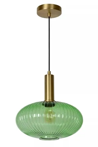 Licht-Erlebnisse Hängelampe Glas Metall Grün Gold Küche Esszimmer Wohnzimmer Ø30 cm rund E27 bis 40 W blendarm stylisch dekorative Pendelleuchte Esstisch ZEMOR