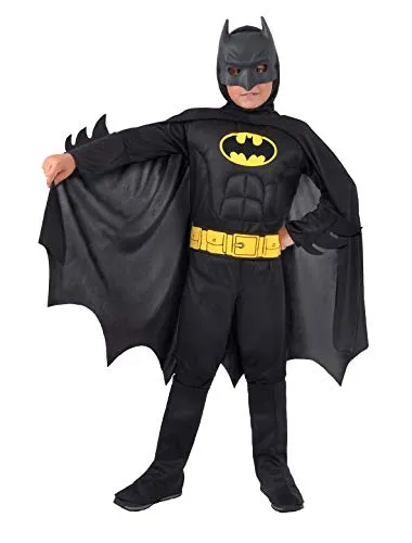 Orlob Batman Kinderkostüm mit Muskeln - Lizenzierte Batman Verkleidung für Kinder mit stylischen, gepolsterten Muskeln. Ideal für Superhelden-Themen und unvergessliche Abenteuer. Lieferumfang: Overall, Cape, Gürtel, Beinstulpen.