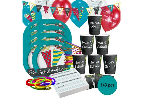 Riethmüller Papierdekoration Schulanfang Party Deko Set - Festliche Einschulungsdeko - Feiern Sie den Schulanfang stilvoll mit diesem umfangreichen Party-Set! Enthält 144 Teile, darunter farbige Luftballons und einen großen Folienballon. Perfekt für unvergessliche Momente bei der Einschulungsfeier!