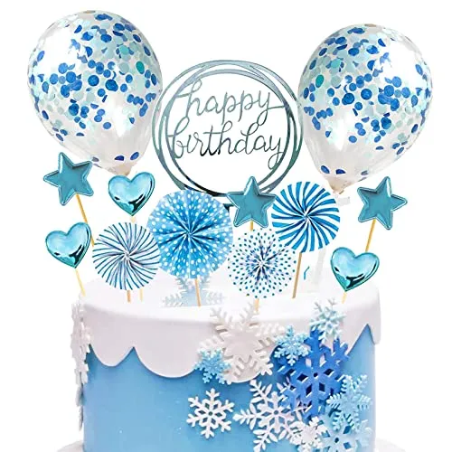 Tortendeko Geburtstag Blau, Happy Birthday Kuchendeko Kuchen Topper, Sterne Liebe Papierfächer Cupcake Topper, Glitter Torte Deko für Mädchen Junge Frauen Mann Kinder Geburtstag Taufe Party