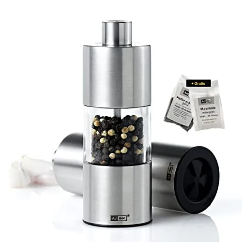 AdHoc Geschenkset aus Pfeffermühle und Salzmühle Classic inklusive Meersalz und Pfeffer | 2 Gewürzmühlen 13 cm, Edelstahl/Acryl