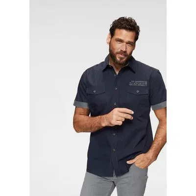 Kurzarmhemd MAN'S WORLD, Herren, Gr. 5XL (51/52), N-Gr, blau (dunkelblau), Obermaterial: 100% Baumwolle, bestickt, comfort fit, Hemden, mit kontrastfarbener Stickerei