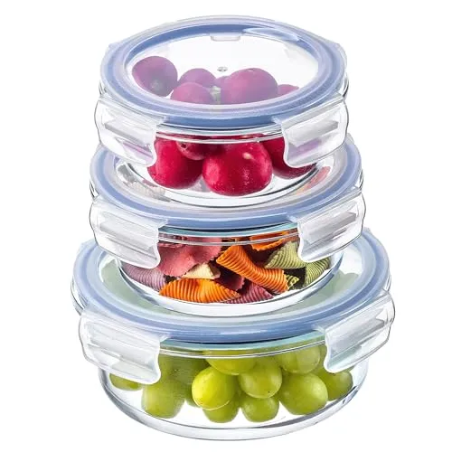 KADAX 3er Set Hitzebeständige Glasbehälter mit Deckel, Lebensmittelbehälter aus Robustem Glas, Aufbewahrungsbehälter, Gefrierbehälter, Frischhaltedose (Rund 3er SET)