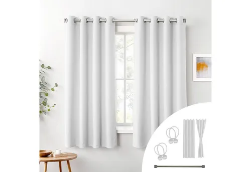 Cozyor Vorhang weiß 2er Set + 2 Raffhalter - Gardine mit Ösen wahlweise mit Stange (2 St), Ösen, blickdicht, 100% Polyester, Gardinen Thermo Vorhang 160x135 + Stange silber 111-200cm