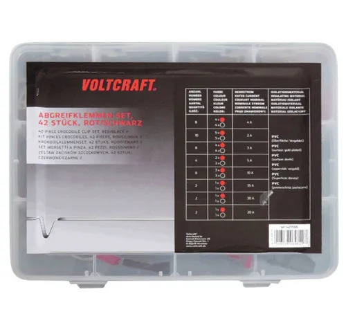 VOLTCRAFT Krokodilklemmen-Set 1417395 - Handwerkzeuge: 42 Krokodilklemmen in Schwarz und Rot, perfekt sortiert in einer wiederverschließbaren Box für einfache Aufbewahrung und Nutzung.