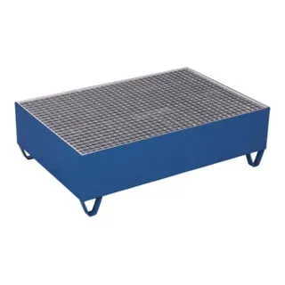 Variofit Auffangwanne mit Gitterrost für 2 Fässer a 200 l - Transportroller aus Stahlblech, öldicht verschweißt, mit verzinktem Gitterrost für hohe Stabilität. Ideal für die sichere Lagerung von 2 Fässern a 200 L, pulverbeschichtet in RAL 5010.