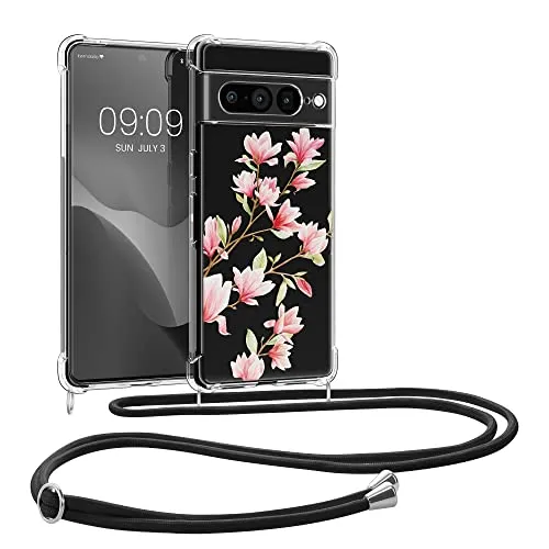 kwmobile Necklace Case kompatibel mit Google Pixel 7 Pro Hülle - Silikon Cover mit Handykette - Rosa Weiß Transparent Magnolien