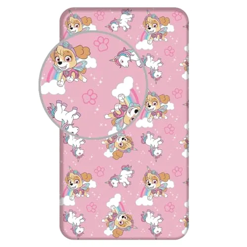 Jerry Fabrics Paw Patrol Sky, Bettlaken Betttuch Spannbettlaken Pink 90 x 200 + 25cm, 100% Baumwolle