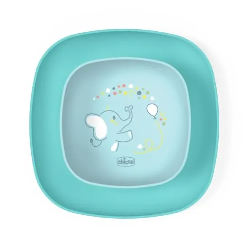 Chicco Geschirrset Kinder, Entwöhnungs-Brotteig-Set mit 1 Teller Platte und 1 Schüssel, 2 Stück, Stapelbarer Geschirrsatz, platzsparend, wiederverwendbar, 12+ Monate, Hellblau