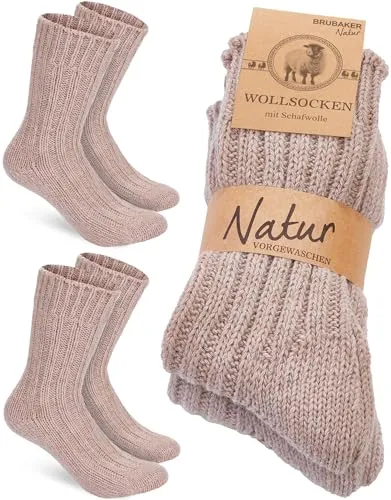 BRUBAKER 2 Paar Wollsocken - Wintersocken für Damen und Herren - Warm und Flauschig - Winter Socken Set mit Schafwolle - Thermosocken Stricksocken - Beige - Größe 47-50