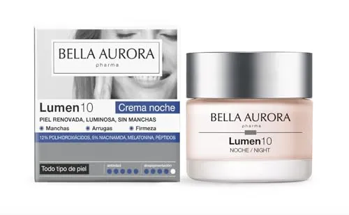 Bella Aurora Lumen10 Nachtcreme gegen Flecken, Global mit Polyhydroxysäuren, Niacinamid und Melatonin-Liposoma, Regeneration, Elastizität und intensive Feuchtigkeitspflege, 50 ml