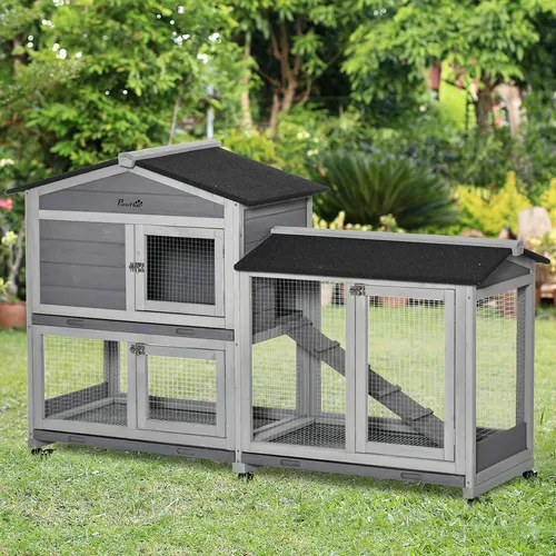 PawHut Kleintierstall mit Rollen - Ideal für Zwergkaninchen - Stabile Outdoor-Konstruktion aus Tanne, mit praktischem Freilaufgehege und Rollen für einfache Mobilität im Garten.