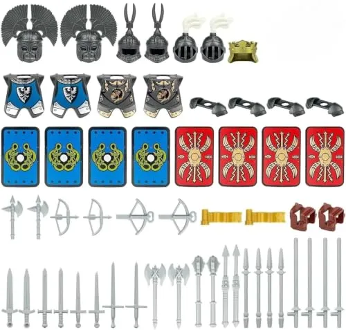 TRavesty Waffenpaket für Minifiguren, ittelalterliche Ritter Waffenpaket Zubehör Kit Enthalten Helmsd, Rüstung, Schild, Umhänge Barding, Pferde Kompatibel mit großen Marken (A)