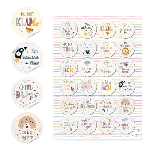 Motivationsaufkleber Kinder 24 Stück – runde Affirmations-Sticker mit positiven Sprüchen für Schule, 4 cm, für Lehrer & Eltern zur Stärkung – Logbuch-Verlag