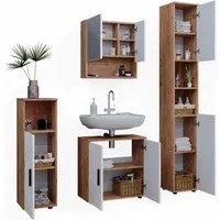 Vicco Badmöbelset Irma - Eiche Weiß Hochglanz - Badmöbel-Set mit hochwertiger Melaminharzbeschichtung, strapazierfähig und pflegeleicht. Ideal für ein modernes Badezimmer mit elegantem Design.