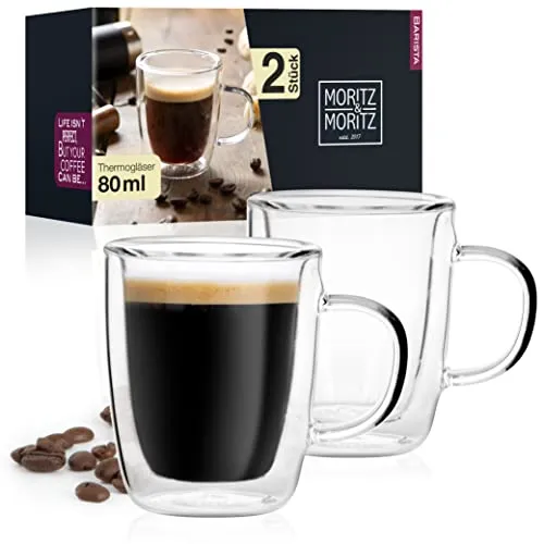 Moritz & Moritz Barista 2x 80 ml Kaffee Gläser Doppelwandig – Doppelwandige Gläser für Kaffee, Tee oder Dessert - Spülmaschinengeeignet