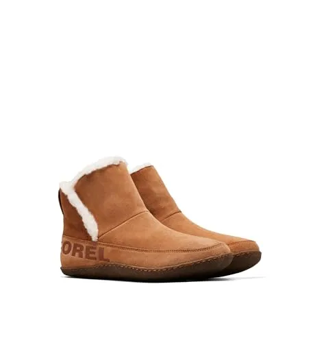 Sorel NAKISKA BOOTIE Hausschuhe Stiefel für Damen, Braun (Camel Brown x Natural) - Wanderschuhe mit hochwertigem Leder und kuscheligem Kunstfell, ideal für kalte Tage und gemütliche Spaziergänge.