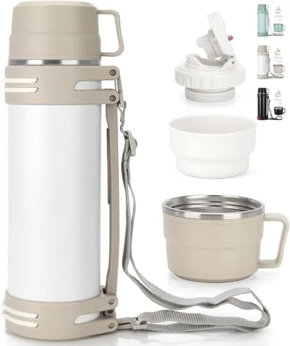Thermosflasche 1,5L, Thermoskanne mit 2 Becher, Doppelwand aus Edelstahl Isolierflasche, Auslaufsicher Groß Thermoskanne Camping Oder Wandern mit Robuster Griff & Tragegurt, 18h heiß / 24h kalt Weiß