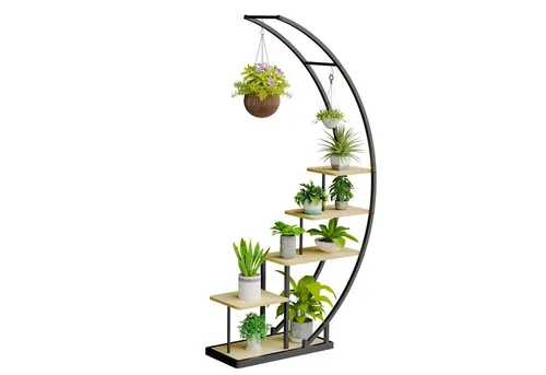 Ribelli 5-stufiger Metall-Pflanzenständer - Pflanzenregal in Halbmondform, ideal für Balkon und Wohnzimmer. Mit Kippschutz und Platz für Dekoration, sorgt für Eleganz und Funktionalität.