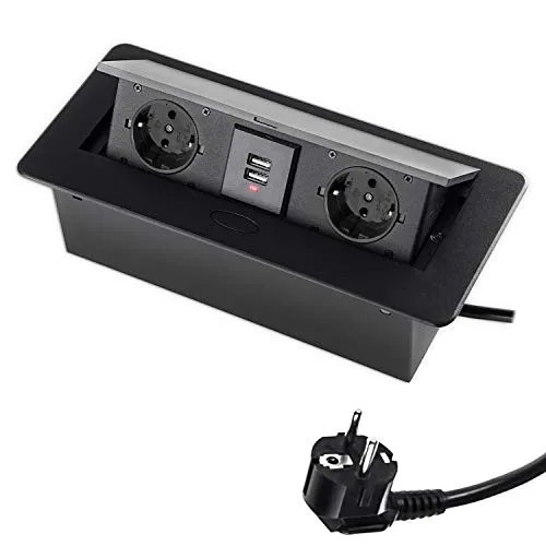 Öffnende Tischsteckdose mit 2 Schuko & 2 USB, Einbausteckdose für Arbeitsplatte, Konferenztisch, Küche, Büro, 230V, 1,5m Kabel, Schwarz, Push-Button Öffnung