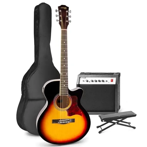 MAX ShowKit Elektro Akustik Gitarre Set mit Verstärker 40 Watt, Gitarrentasche, Fußhocker, Gitarrenstimmgerät, Instrumentenkabel, Plektrum und E Akustikgitarre mit Tonabnehmer - Sunburst