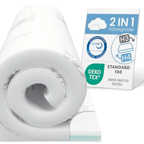 ELONEO Viskoelastischer Matratzen-Topper mit Wendefunktion - Matratzenauflage mit 2 Härtegraden für individuellen Schlafkomfort. Der hautsympathische Aloe Vera Bezug sorgt für optimale Belüftung und ist allergikergeeignet.