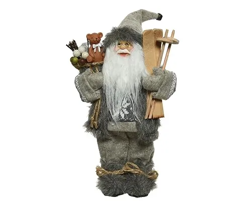 Kaemingk Weihnachtsmann Figur 30cm mit Geschenk und Ski Weihnachtsmann-Anzug Puppe - Grau
