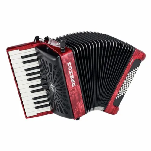 Hohner Bravo II 48 Red Silent Key - Akkordeon mit 48 Bässen und 26 Diskanttasten; ideal für Anfänger dank Silent Key für leisen Anschlag; kompakt und leicht mit nur 5 kg, inklusive Standardriemen und Gig Bag.