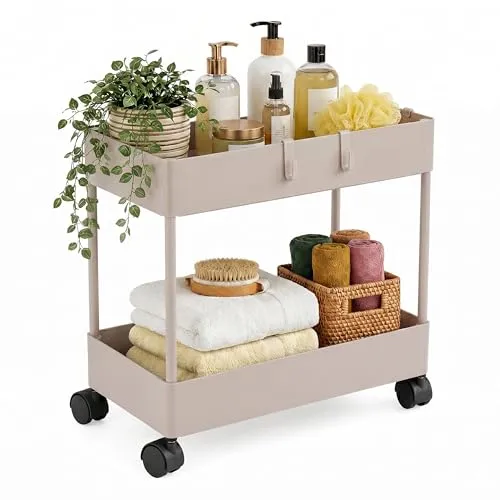 Relaxdays Rollwagen mit 2 Ebenen in Beige - Praktischer Rollwagen mit 360° Rollen für flexiblen Einsatz in Küche, Bad oder Büro. Mit 2 Ablagen bietet er viel Stauraum für alltägliche Dinge und ist ideal für die mobile Nutzung.
