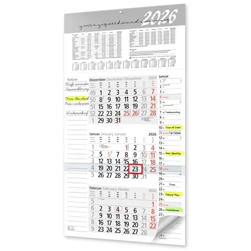 Monatskalender 2026 Wandkalender mit Datumsschieber und Notizen – Kalender 2026 Wandkalender 3 Monate groß Terminplaner mit Schulferien, Notizen und Streifenkalender, 56 x 30 cm 3