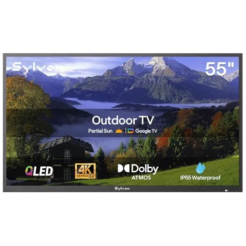 SYLVOX Outdoor Fernseher, 55 Zoll Smart QLED TV, Wetterfest Outdoor TV Support Google Assistant, 4K UHD, Dolby Atmos, IP55 Wasserdicht, 1000 Nits Helligkeit TVS für Terrasse, Garten, Gastronomie