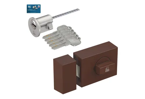 BASI Türzusatzschloss Kastenschloss (Spar-Set), im Set mit Außenzylinder, Drehknauf, Sperrriegel, Dornmaß 45 mm, braun