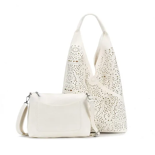 ITALYSHOP24 Damen XXL Shopper Set - Hobo Umhängetasche & Cross Over Bag - Schultertaschen Set in Beige V1 aus leichtem Kunstleder, ideal für Freizeit, Abend und Urlaub. Mit verstellbarem Schulterriemen und praktischem Handyfach.