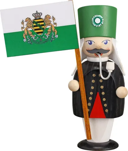 Seiffener Volkskunst Räuchermännchen Bergmann mit Fahne (16cm) - Räuchermännchen aus der 'Kleine Gesellen'-Serie, handgefertigt von der Seiffener Volkskunst Genossenschaft, ideal für eine gemütliche Atmosphäre.