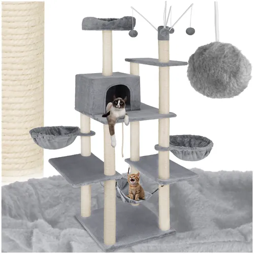 tectake® Kratzbaum Lilou 165 cm - Robuster Kratzbaum für Katzen mit weichem Plüschüberzug, inklusive Katzenhaus, Spielbällen und Kippschutz – ideal zum Klettern, Toben und Entspannen.
